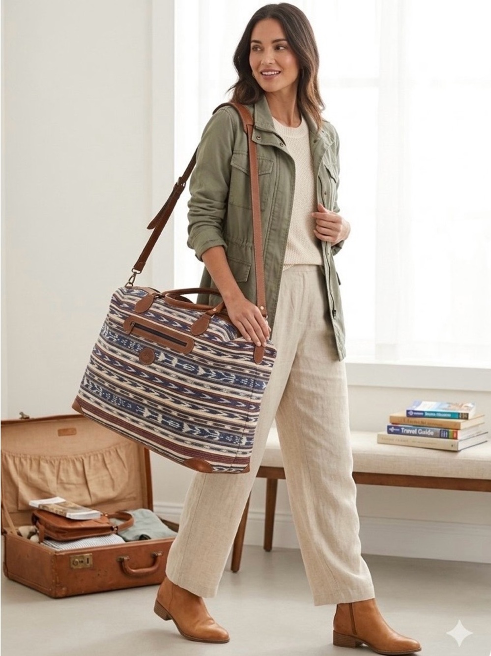 Striped Canvas Weekender Tote with Brown Leather Trim -Hand made from Guatemala